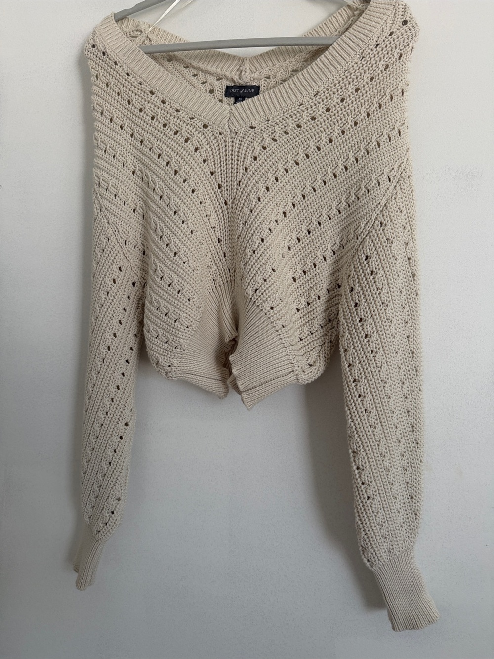A New Day Cream Cropped V-Neck Open-Knit Sweater